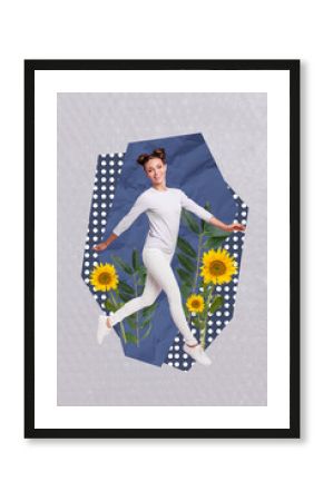 Zine creative vertical photo collage of happy girl dance sunflower blossom flower summer season outside park walk holiday event