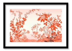 Oriental toile art style with stunning isolated flowers wallpaper pattern plant red.