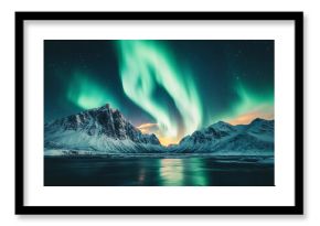 Stunning Northern Lights Over Frozen Landscape Reflecting in Icy Waters at the Polar Night, Generative AI