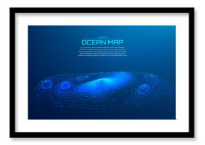 Sea ocean map topography background. Geography digital line mountain terrain contour vector. Abstract 3D wire relief HUD chart design wide plan. Marine navigation geo pattern hologram banner.