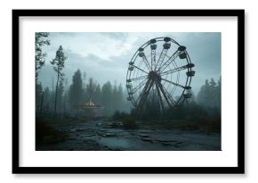 Abandoned amusement park with Ferris wheel and carousel in a spooky forest landscape for Halloween. Horrifying dystopian atmosphere.