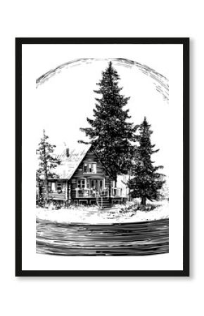 The snow globe has a vintage woodcut design with a cabin and pine tree inside
