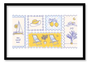 Vintage Italian summer vacation postage stamps set. Hand drawn retro frame or border element design, elegant scenes or Sicilia or amalfi badge with lemons. Vector travel linear summer engraving style
