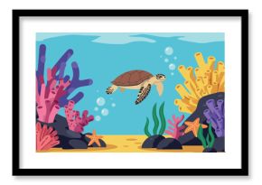 Sea turtle swimming among colorful coral reef underwater marine life vector illustration 