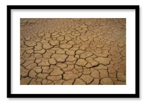 CLOSE UP: Dry, cracked earth reveals an intricate network of fissures across the parched surface. Pattern of the cracks emphasizes the severe effects of drought and arid conditions on the environment.