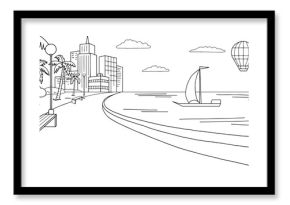 Park city sea graphic black white landscape sketch illustration vector