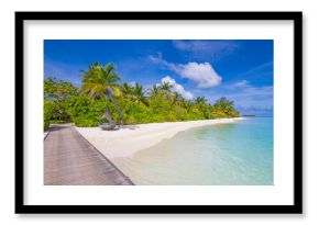Stunning tranquil scenic Maldives paradise island long wooden jetty into tropical luxury resort. Panoramic summer vacation landscape pristine sea closeup white sand beach vibe. Sunny sky inspire shore