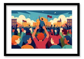 A sea of people gathered in a city square raising their fists in unison and chanting Lower the Prices Feed the People. Vector illustration