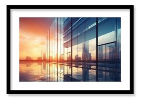 Modern office building or business center. High-rise window buildings made of glass reflect the clouds. empty street outside  wall modernity civilization. growing up business