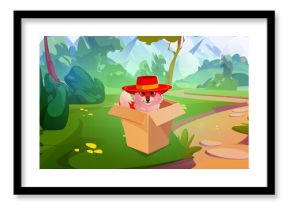 Whimsical forest scene with fox wearing red hat sitting in cardboard box near winding path through trees to mountains. Charming woodland character for storytelling, game design, educational content.