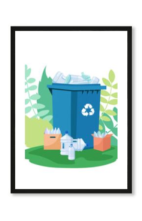 Blue recycling bin full of plastic bottles, surrounded by cardboard boxes and greenery, on white background. Concept of plastic recycling. Vector illustration