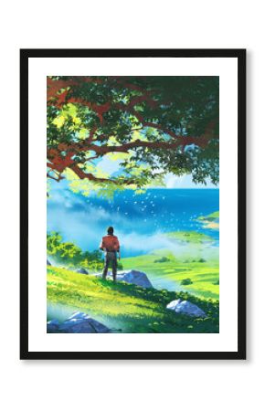 A man in a red jacket stands beneath a large tree on a sunlit hilltop, gazing out over a bright blue ocean and lush green coastal landscape, digital art style, illustration painting