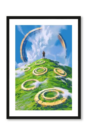 A traveler reaches the top of a grassy hill scattered with ancient stone rings, facing a massive circular portal opening through the clouds above, digital art style, illustration painting