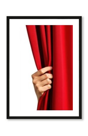 Hand open a red curtain performance theatrical unveiling.