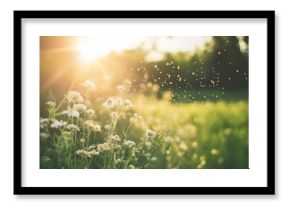 Field with flowers and floating pollen closeup