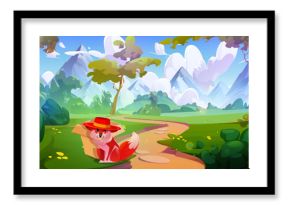Forest adventure with fox wearing red hat sitting beside cardboard box. Scenic path winding through trees and lush greenery to mountains. Playful woodland character for children books or game nature.
