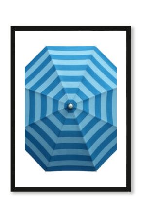 Blue and light blue striped beach umbrella top view showing octagonal shape on transparent background.