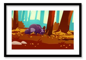 Autumn forest landscape with brown trees, golden leaves carpeting earth, black skunk sniffs fall foliage between scattered rocks. Misty woodland background for game environments or nature scenes.
