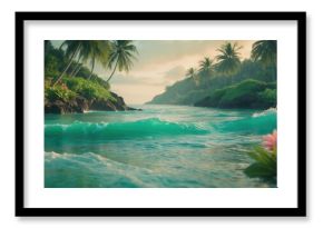 A tranquil tropical beach at sunset featuring palm trees, calm waves, and a rocky shoreline. The warm golden light boosts the idyllic island atmosphere ideal for travel and relaxation in Maldives.