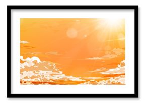 Sunset sky with light effect on orange background for Autumn banner,Fall backdrop yellow sunrise sky with bright light,Vector cartoon aerial view  Golden Hour in orange dusk Sky in Winter nature