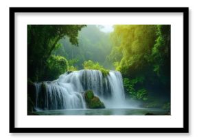 Majestic waterfall cascading in lush jungle forest with serene river stream, waterfall in forest jungle with stream river Photo background ing for live wallpaper