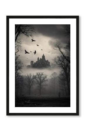 Spooky haunted castle in a dense forest with bare trees and dark fog, flying crows indicate Halloween. Scary scene.