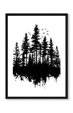 The silhouette of a spruce forest is set against a winter snowy forest in this modern monochrome illustration