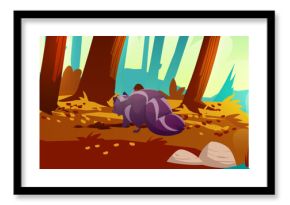 Autumn forest landscape with brown trees casting shadows on ground. Dark skunk digs near fallen leaves while blue stream flows nearby. Rocky terrain shows scattered foliage for nature illustrations.