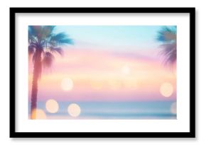 Blurry out-of-focus palm trees by ocean reflecting sunset light, tranquil background