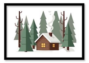 Cozy wooden cabin in snowy pine forest winter landscape vector illustration 