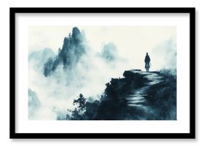 Person stands on a cliff overlooking misty mountains in a watercolor style.