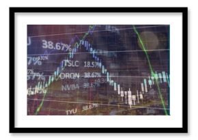 Overlaying night city skyline with candlesticks, green, blue line graphs, percentages, tickers