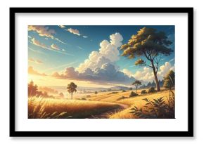 Serene summer sunset over golden wheat field with rolling hills and lush trees