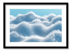 Fluffy snowfall covers the ground in soft mounds against a bright blue background, Fluffy snowfall on blue background Seamless 3D render