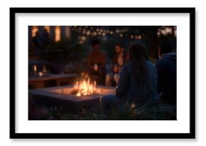 Evening gathering around a cozy fire pit in a garden setting during twilight with friends sharing stories and laughter