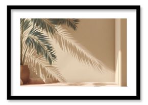 Abstract background with shadows from palm leaves on a beige wall, an empty room for product presentation in summertime.