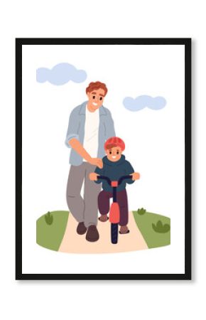 Father teaches his young son how to ride bicycle in nature. Boy learning to biking. Outdoor leisure. Parent and kid walking together. Dad and child fun activity. Vector parenthood concept