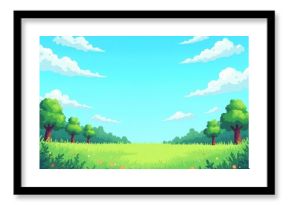 A vibrant pixel art landscape featuring lush green grass, trees, and a bright blue sky filled with fluffy clouds, evoking a classic video game scene.