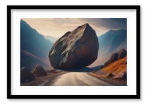 colossal boulder blocks deserted mountain road symbolizing obstacle power and isolation