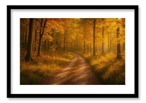 Golden leaves glow in an autumn woodland with a trail of footsteps