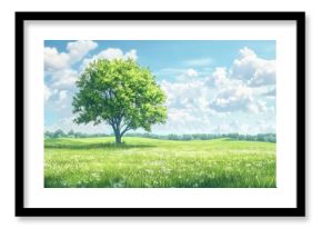 Shady tree stands alone in a bright green field under a vibrant sky filled with clouds, shady tree in the middle of the field, anime style, seamless ing background