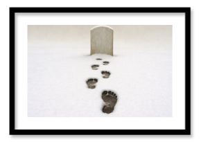 Solitary human footprints lead through undisturbed snow toward a single gravestone on a cold, overcast winter day