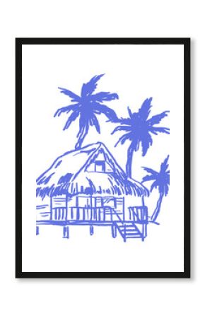 Minimal crayon sketch of tropical hut with palm trees in hand-drawn chalk style for beach lifestyle themes, Hawaii posters, boho summer branding, island design, travel illustration.