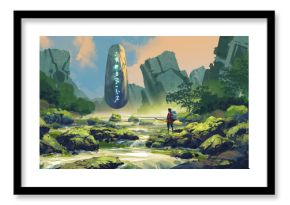 An ancient glowing monolith floats above a mossy jungle creek, observed by a lone explorer in a mysterious ruin, digital art style, illustration painting