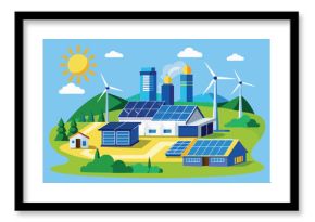 Renewable energy farm with solar panels and wind turbines in a vibrant landscape under a sunny sky