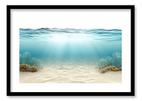 Underwater view showing crystal clear turquoise water with sandy ocean floor and marine vegetation, isolated on transparent background