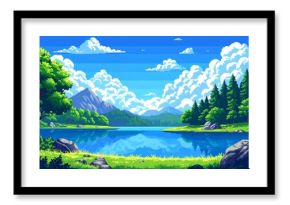 レトロゲームの湖のイメージ 背景素材 16:9サイズ AI生成素材