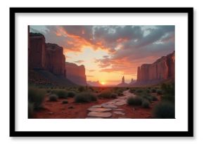 Majestic sunrise over stone path in desert canyon