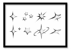 Chrome star emoticon set with metallic silver sparkles, swoosh trail, cluster formation, curved motion line and sharp pointed bursts for y2k aesthetic design, retro digital art or shiny interface.