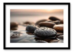 Close-up of wet smooth stones on a rocky beach with gentle waves in the background.